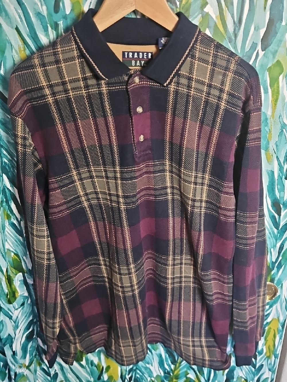 Vintage Trader Bay Men's Thick Long-Sleeve Plaid Polo - Burgundy, Blue - Size L